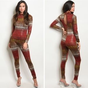 Rustic Shiny Bodycon Catsuit Jumpsuit | Red & Gold